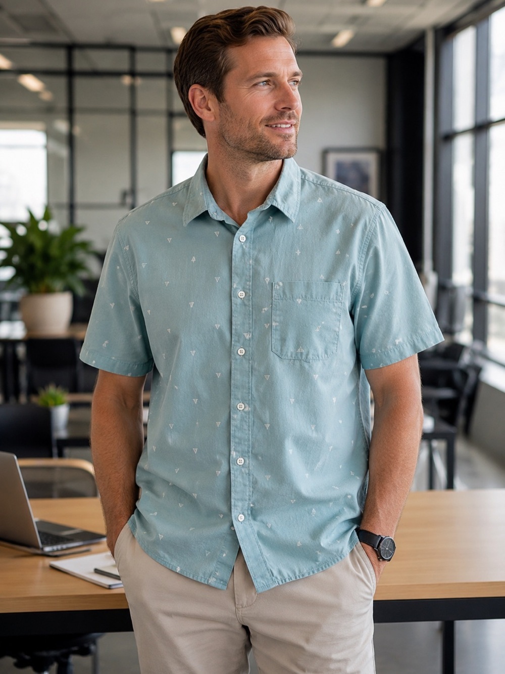 The North Face Men’s L Blue Print Button Up Shirt Short Sleeve Outdoor Sports